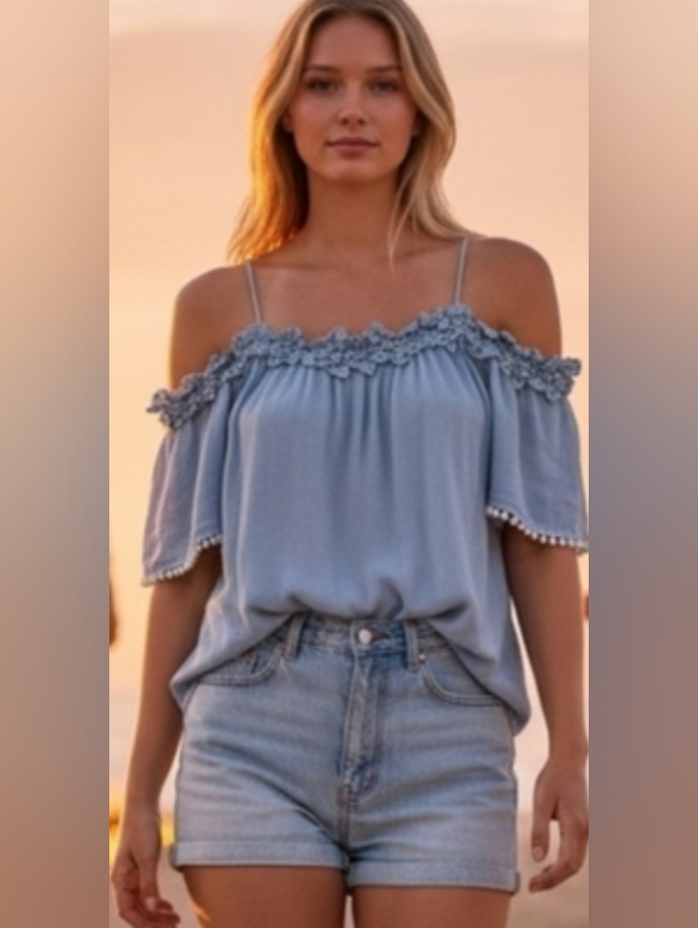 She + Sky Light Blue Floral-Trim Off-Shoulder Camisole